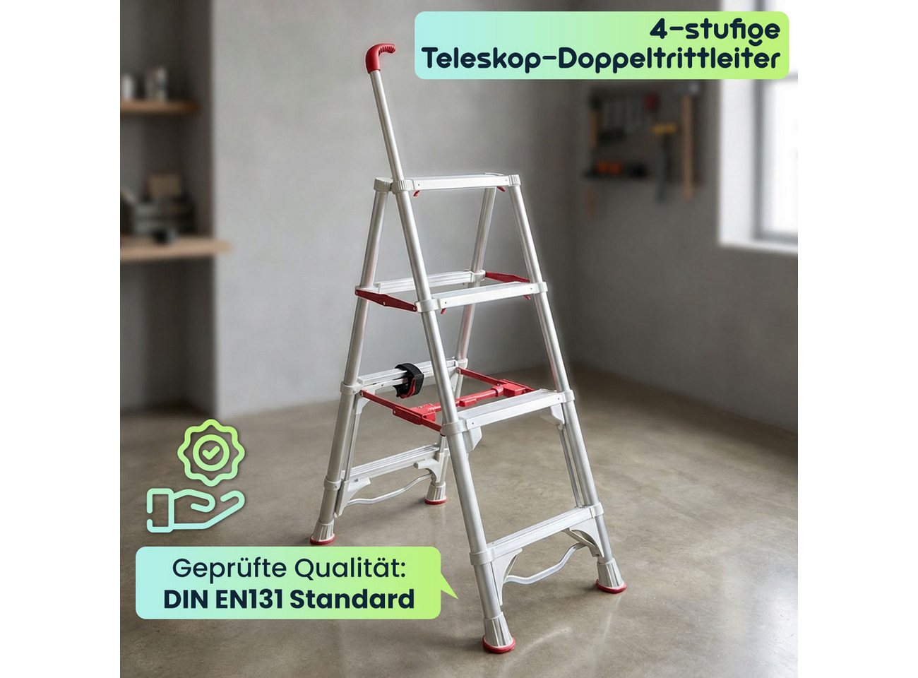 shop'n smile ideoon Teleskopleiter Robuste 4-stufige Doppeltrittleiter: Eine stabile Stehleiter klappbar, für Profis & Heimwerker, Haushaltsleiter bis 4 Stufen Bild 4