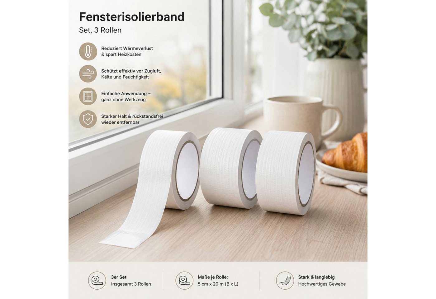 Haushalt International Isolierband Fensterisolierband Fensterdichtung Gewebeband 3x20m 3er Set (Set, 3-St., Packung) je Rolle 5cm x 20m, Zuschneidbar, Abdichten, Vorratspaket Bild 2