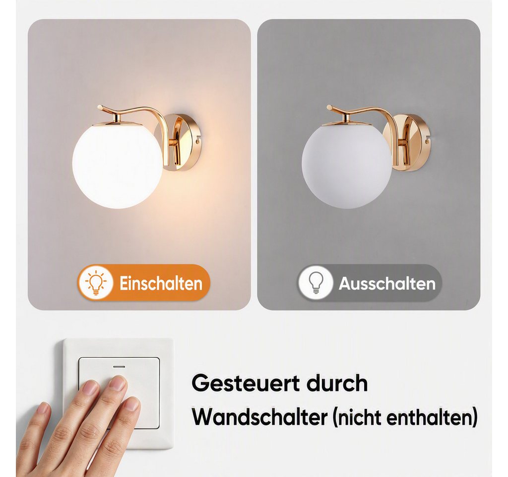 BlingBin LED Wandleuchte Innen Gold Glaskugel Vintage Wandlampe Schlafzimmer Glasschirm, Glas,Metall, LED fest integriert, Tageslichtweiß, wechselbar, Modern Wandbeleuchtung für Flur Schlafzimmer Treppenhaus Bild 3