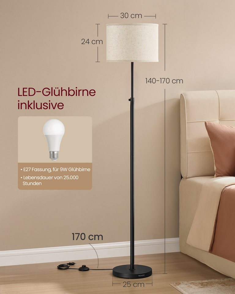 VASAGLE Stehlampe Stehleuchte Standleuchte, Wohnzimmer, 140-170 cm höhenverstellbare Leselampe, modern Stehleuchte