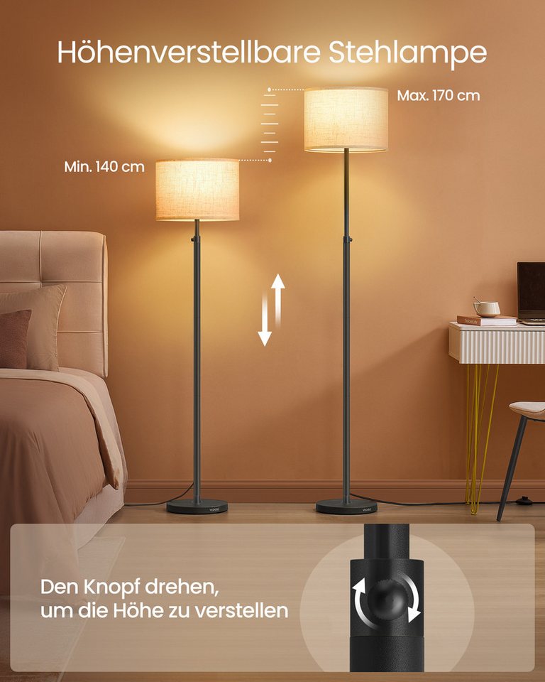 VASAGLE Stehlampe Stehleuchte Standleuchte, Wohnzimmer, 140-170 cm höhenverstellbare Leselampe, modern Stehleuchte Bild 4