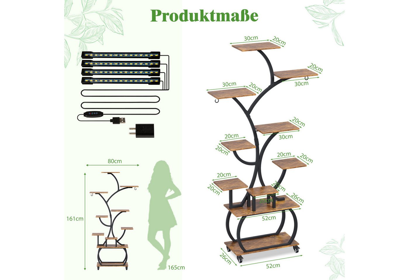 VINGLI Blumenständer Pflanzenständer mit LED-Wachstumslampen, 10-stöckiges Pflanzenregal, aus Holz und Metall, Stabil und platzsparend, 161 (H)*80 (B)*26 (T) cm