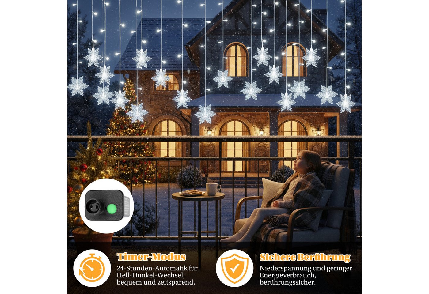 SERBASIC Lichtervorhang LED Schneeflocke Lichterkette, mit 8 Modi und Speicherfunktion, Timer, für Außen Weihnachten, Hochzeit, Balkon, Große Schneeflocke