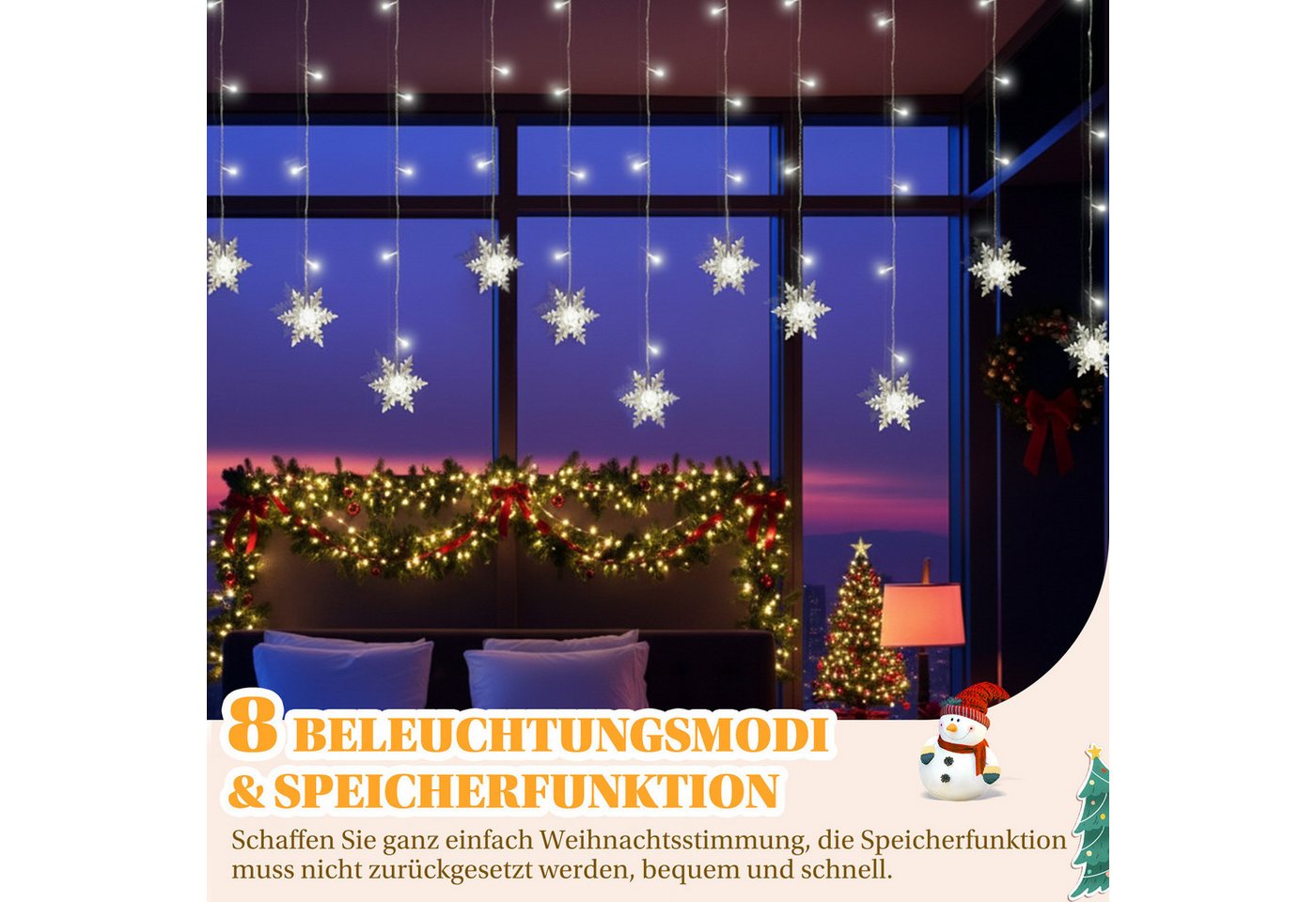 SERBASIC Lichtervorhang LED Schneeflocke Lichterkette, mit 8 Modi und Speicherfunktion, Timer, für Außen Weihnachten, Hochzeit, Balkon, Große Schneeflocke Bild 2