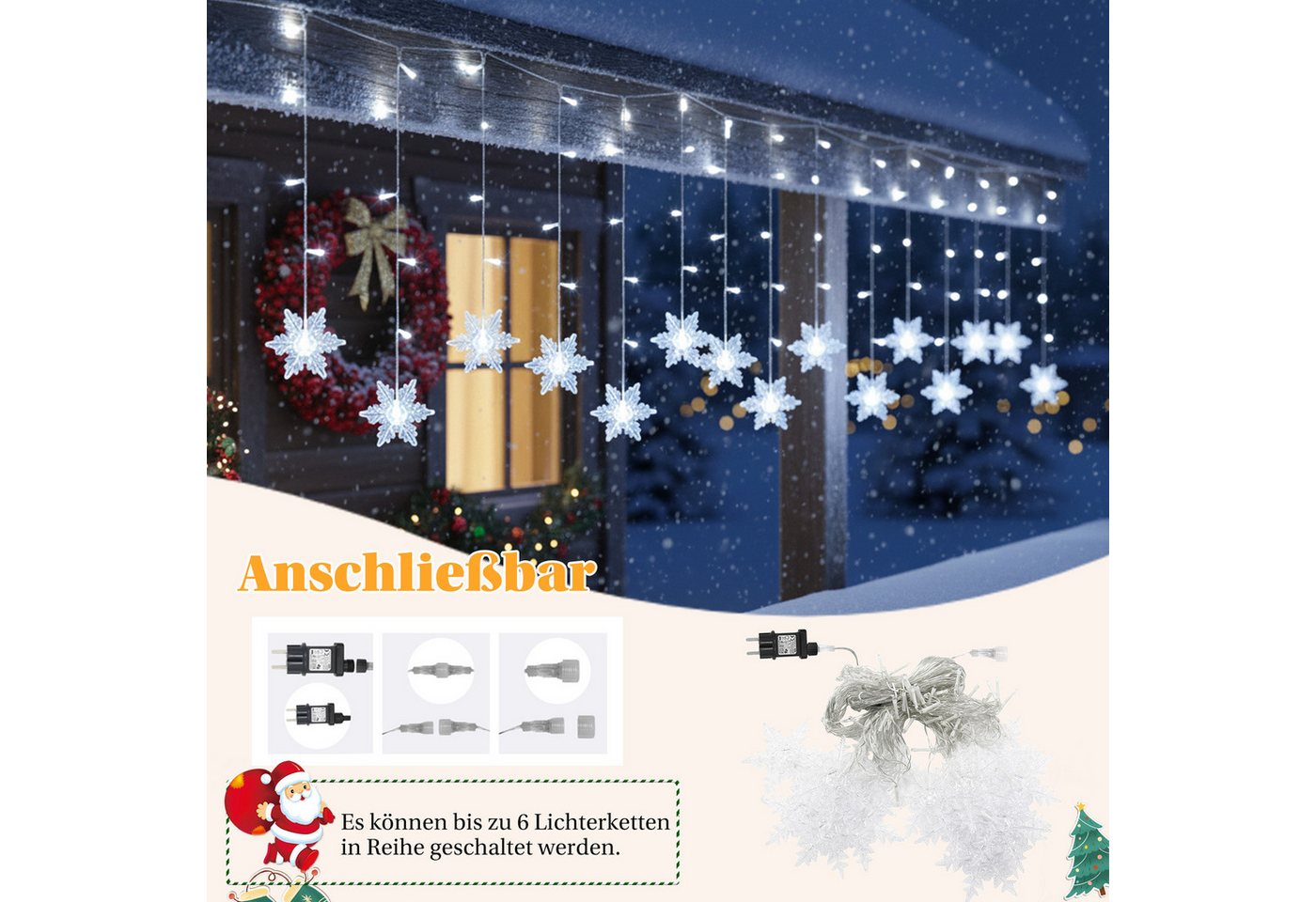 SERBASIC Lichtervorhang LED Schneeflocke Lichterkette, mit 8 Modi und Speicherfunktion, Timer, für Außen Weihnachten, Hochzeit, Balkon, Große Schneeflocke Bild 3