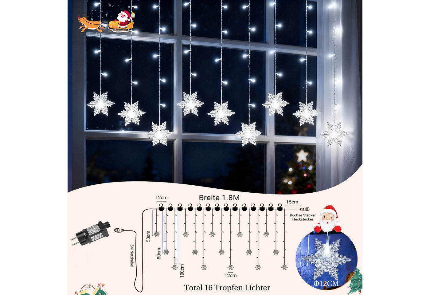 SERBASIC Lichtervorhang LED Schneeflocke Lichterkette, mit 8 Modi und Speicherfunktion, Timer, für Außen Weihnachten, Hochzeit, Balkon, Große Schneeflocke Bild 4