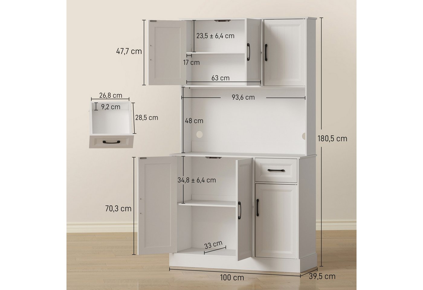 HOMCOM Küchenbuffet Küchenschrank mit Arbeitsplatte, 6 Türen, Schublade, Hochschrank (Buffetschrank, 1-St., Küchenschrank) für Küche Wohnzimmer Esszimmer 100 x 39,5 x 180,5 cm Weiß