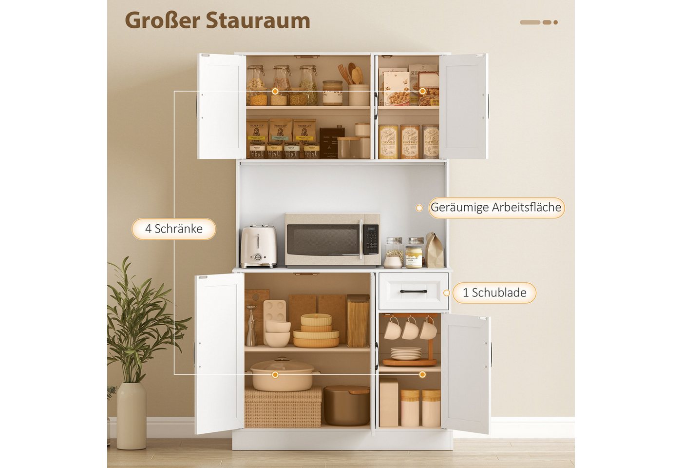 HOMCOM Küchenbuffet Küchenschrank mit Arbeitsplatte, 6 Türen, Schublade, Hochschrank (Buffetschrank, 1-St., Küchenschrank) für Küche Wohnzimmer Esszimmer 100 x 39,5 x 180,5 cm Weiß Bild 3