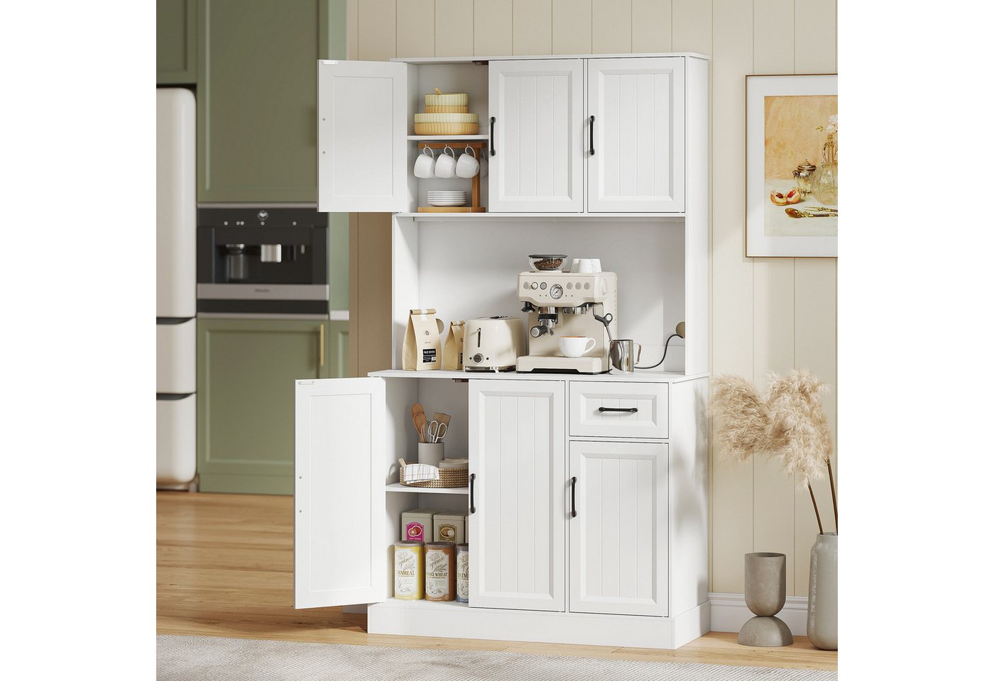HOMCOM Küchenbuffet Küchenschrank mit Arbeitsplatte, 6 Türen, Schublade, Hochschrank (Buffetschrank, 1-St., Küchenschrank) für Küche Wohnzimmer Esszimmer 100 x 39,5 x 180,5 cm Weiß Bild 4