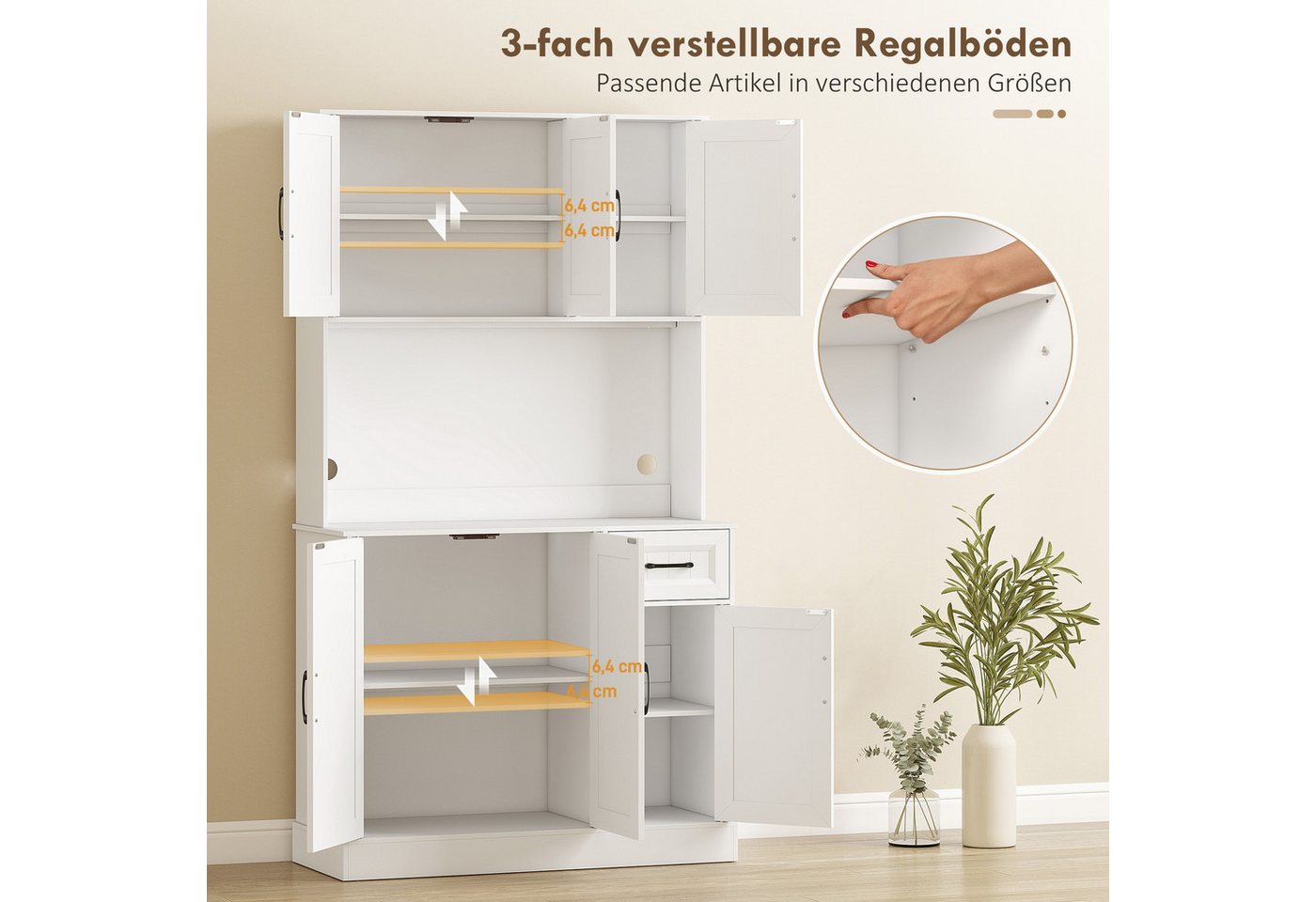 HOMCOM Küchenbuffet Küchenschrank mit Arbeitsplatte, 6 Türen, Schublade, Hochschrank (Buffetschrank, 1-St., Küchenschrank) für Küche Wohnzimmer Esszimmer 100 x 39,5 x 180,5 cm Weiß Bild 5