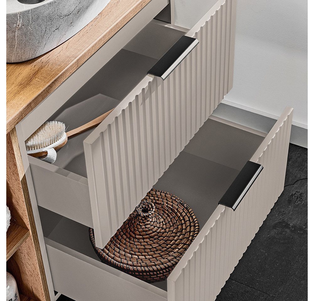 Lomadox Waschbeckenschrank ADELAIDE-56-CASHMERE 120 cm breit in kaschmir und Eiche, gerillte Front, inkl. Wäschekorb Bild 4