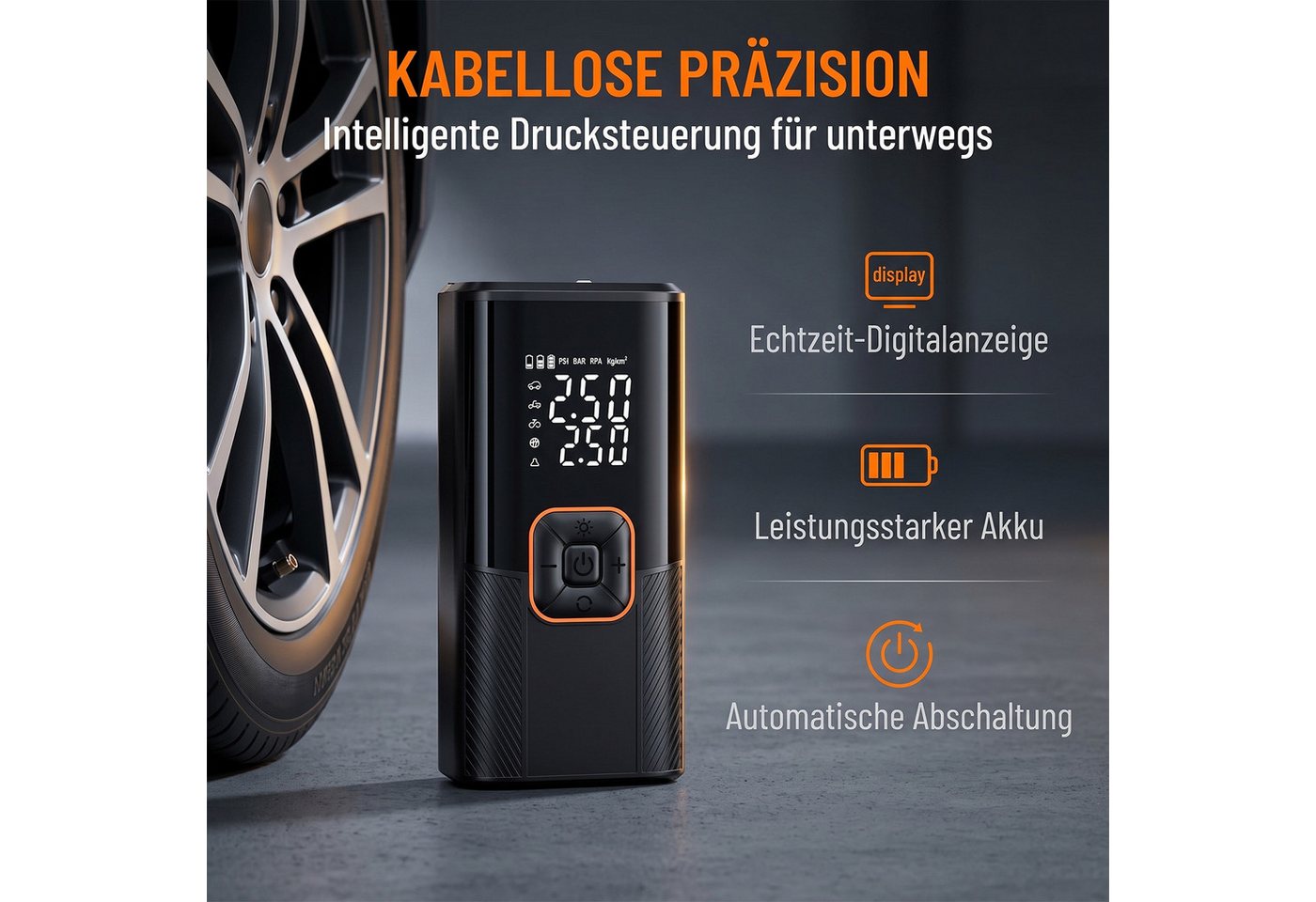 AKKEE Akku-Luftpumpe Elektrische Luftpumpe 3000mAh für Auto, Motorrad, Fahrrad, Bälle, 150PSI Elektrischer Kompressor Tragbar Fahrradpumpe