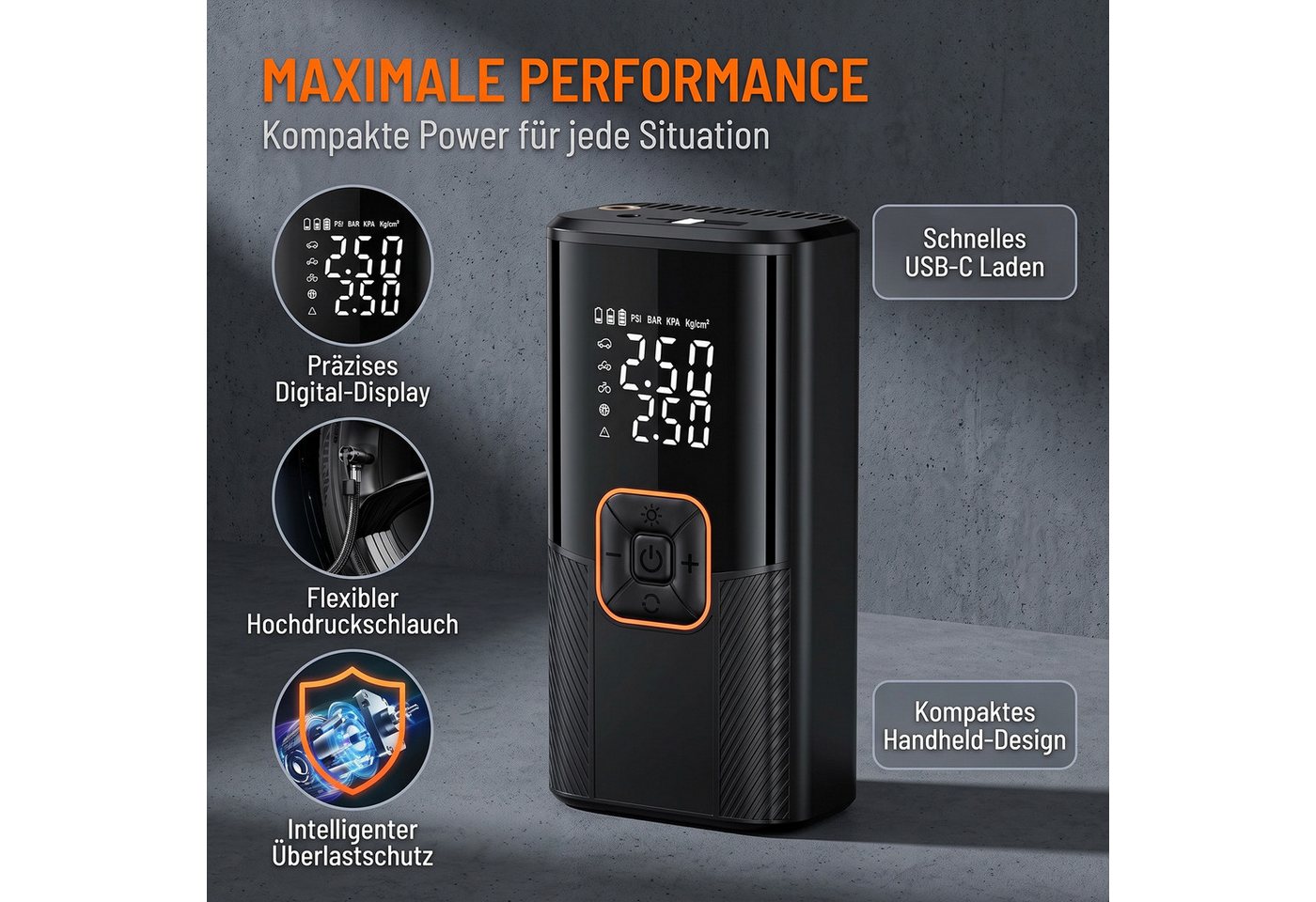 AKKEE Akku-Luftpumpe Elektrische Luftpumpe 3000mAh für Auto, Motorrad, Fahrrad, Bälle, 150PSI Elektrischer Kompressor Tragbar Fahrradpumpe Bild 5