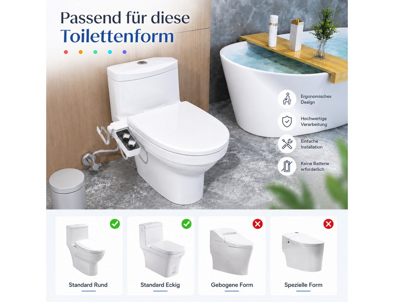 MOPUEA Bidet Bidet-Aufsatz für Bidetaufsatz Toilettensitz mit Regalhake Doppeldüsen