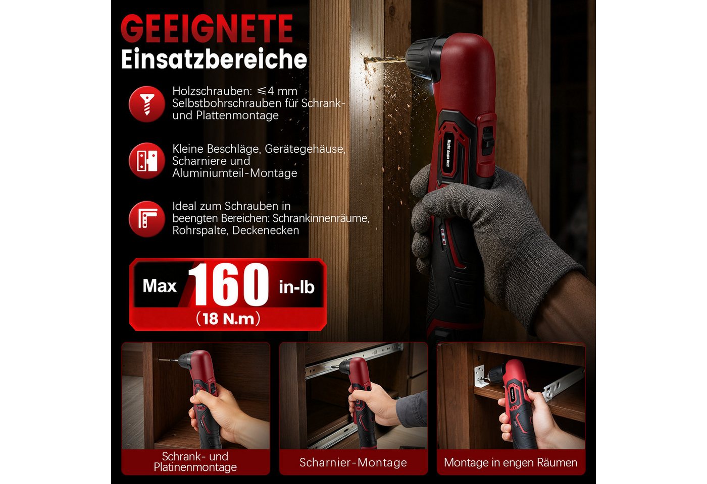 XERSEK Akku-Winkelbohrmaschine 12V Elektrisch Winkelbohrer 2,0Ah, 90° Kopf, 18 N·m, 2-Gang-Getriebe, (Set, 14-tlg., 0‑880U/min, 10mm Schlüsselloses Spannfutter mit LED, inkl. 13 Bohrbits), Ideal für Schränke, Möbel‑, Kfz‑ und Sanitärarbeiten