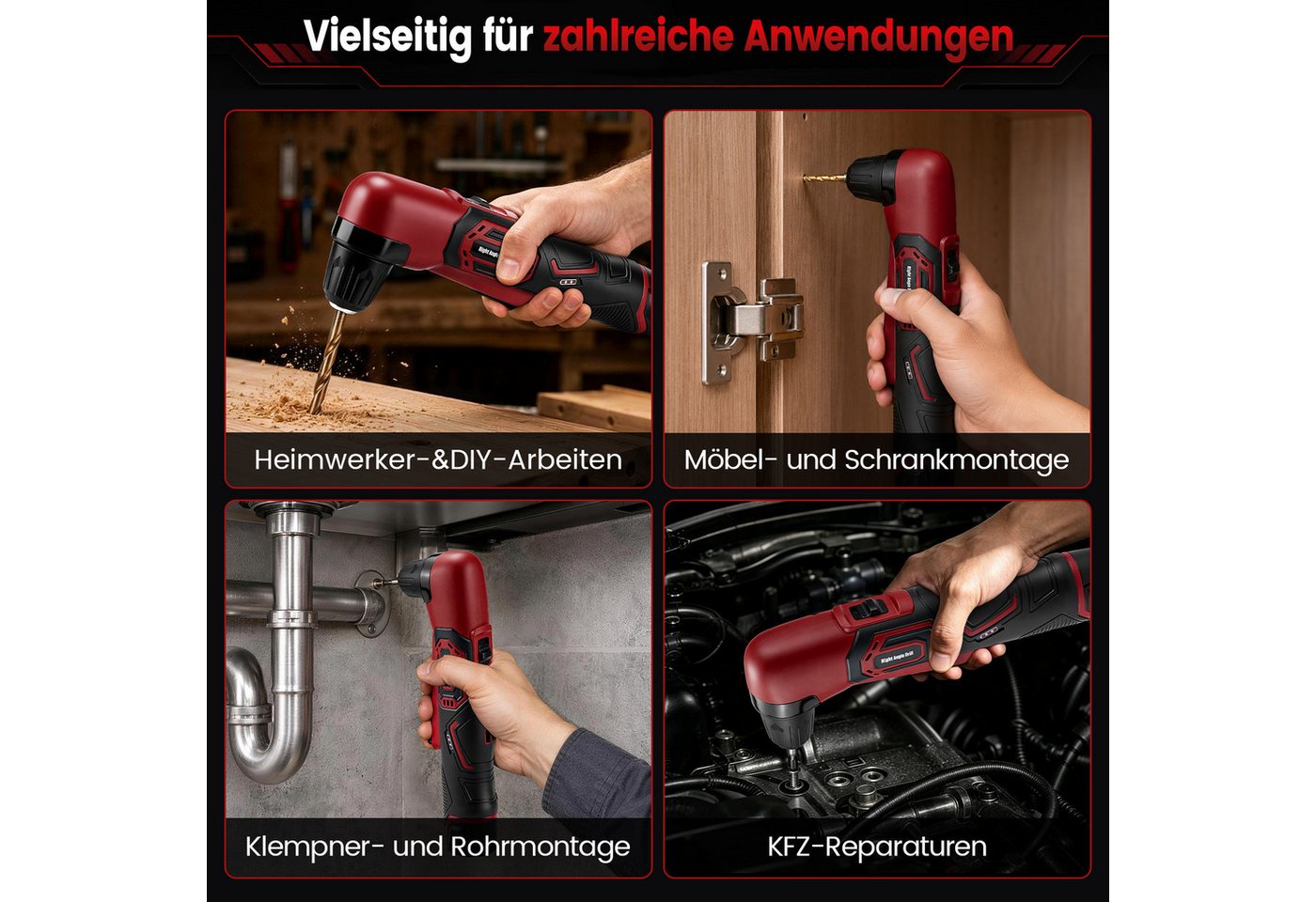 XERSEK Akku-Winkelbohrmaschine 12V Elektrisch Winkelbohrer 2,0Ah, 90° Kopf, 18 N·m, 2-Gang-Getriebe, (Set, 14-tlg., 0‑880U/min, 10mm Schlüsselloses Spannfutter mit LED, inkl. 13 Bohrbits), Ideal für Schränke, Möbel‑, Kfz‑ und Sanitärarbeiten Bild 4