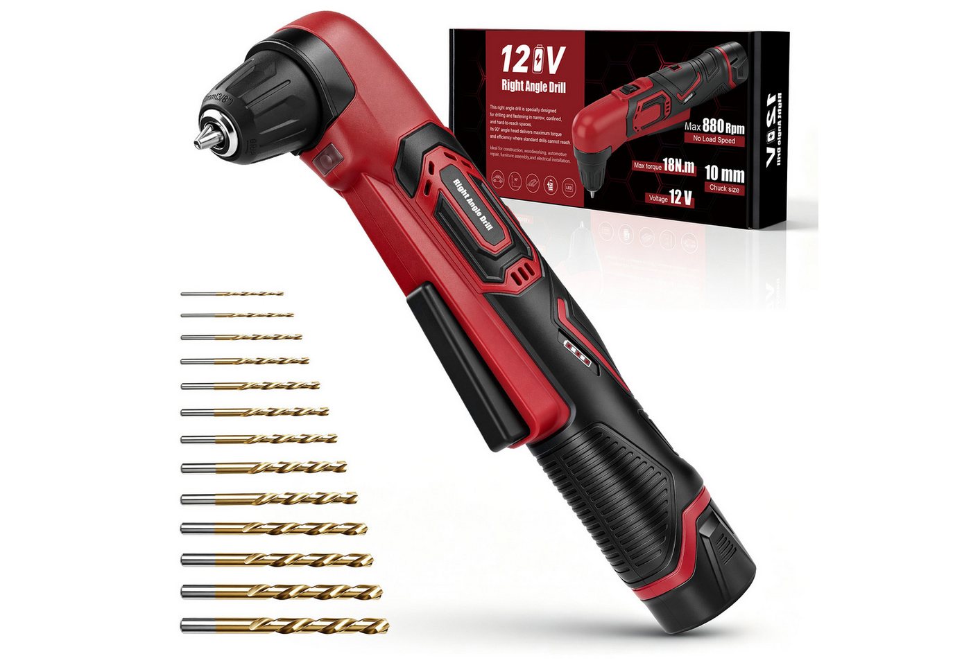 XERSEK Akku-Winkelbohrmaschine 12V Elektrisch Winkelbohrer 2,0Ah, 90° Kopf, 18 N·m, 2-Gang-Getriebe, (Set, 14-tlg., 0‑880U/min, 10mm Schlüsselloses Spannfutter mit LED, inkl. 13 Bohrbits), Ideal für Schränke, Möbel‑, Kfz‑ und Sanitärarbeiten Bild 5