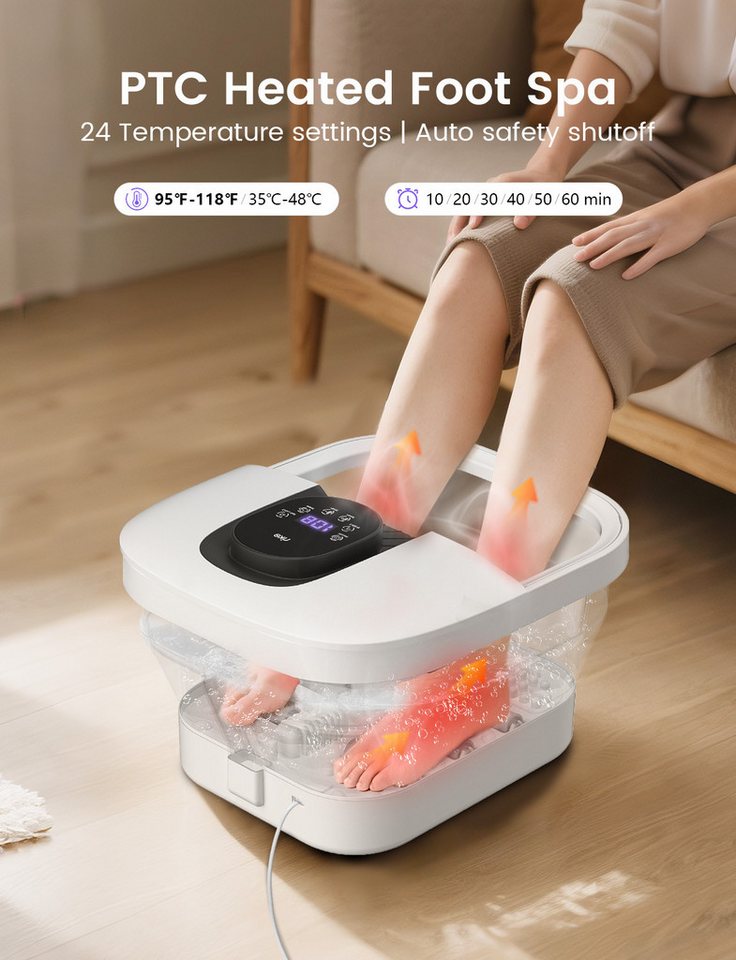 ALLJOY Fußbad Fußbadgerät,Fußbadewanne als Fuß‑Spa mit Heiz‑ und Massagefunktion, Automatische Abschaltung, Überhitzungsschutz, Faltbar,Digitalanzeige