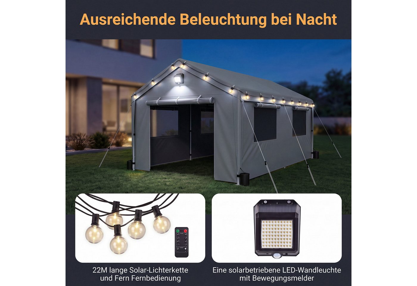 Hausright Einzelcarport 3x6m Carport Zeltgarage UV-beständig wasserdicht mit Seitentüren, 270 cm Einfahrtshöhe, (Carport), Solar-Lichterketten und Bewegungsmelder-Leuchten