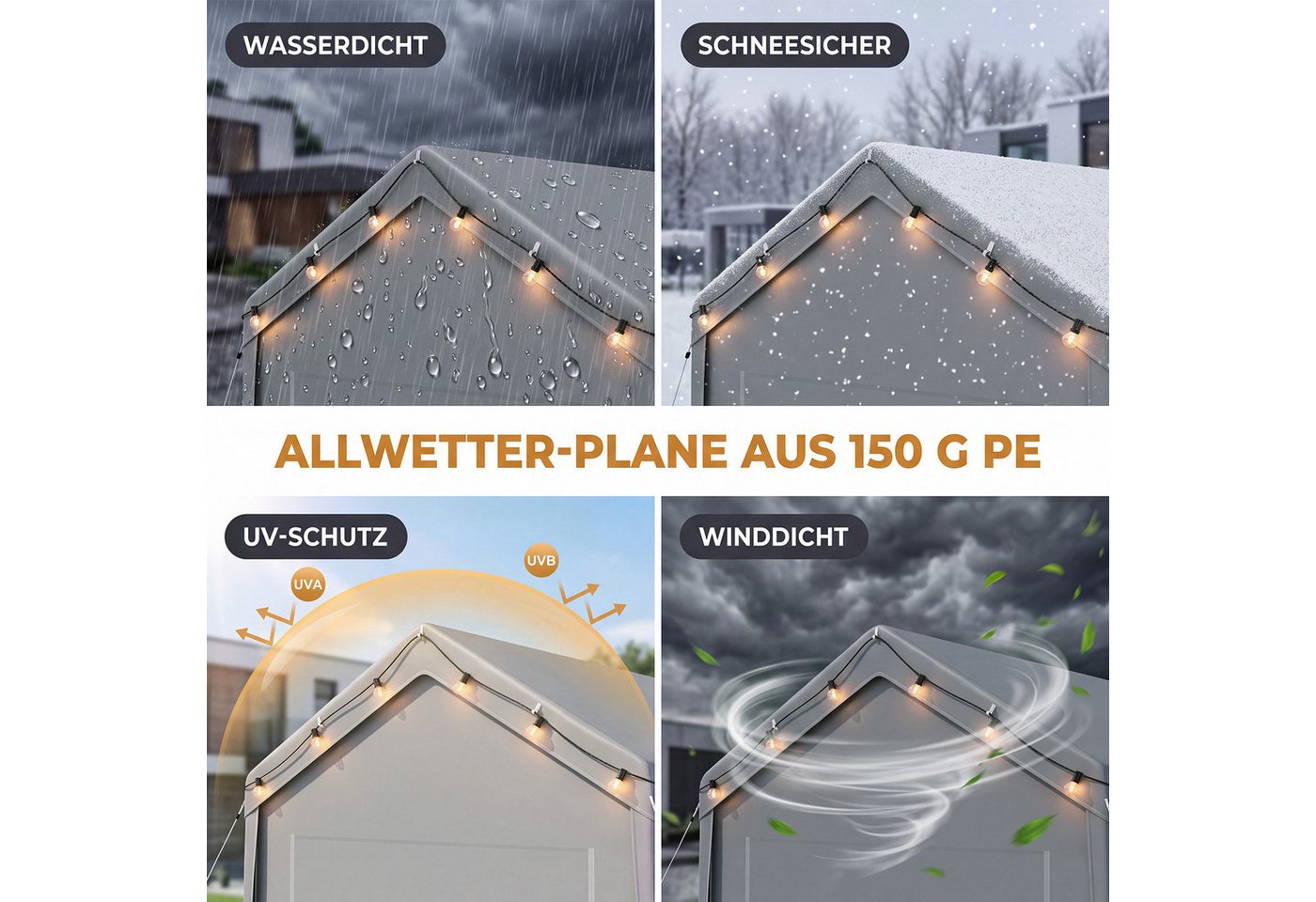 Hausright Einzelcarport 3x6m Carport Zeltgarage UV-beständig wasserdicht mit Seitentüren, 270 cm Einfahrtshöhe, (Carport), Solar-Lichterketten und Bewegungsmelder-Leuchten Bild 2