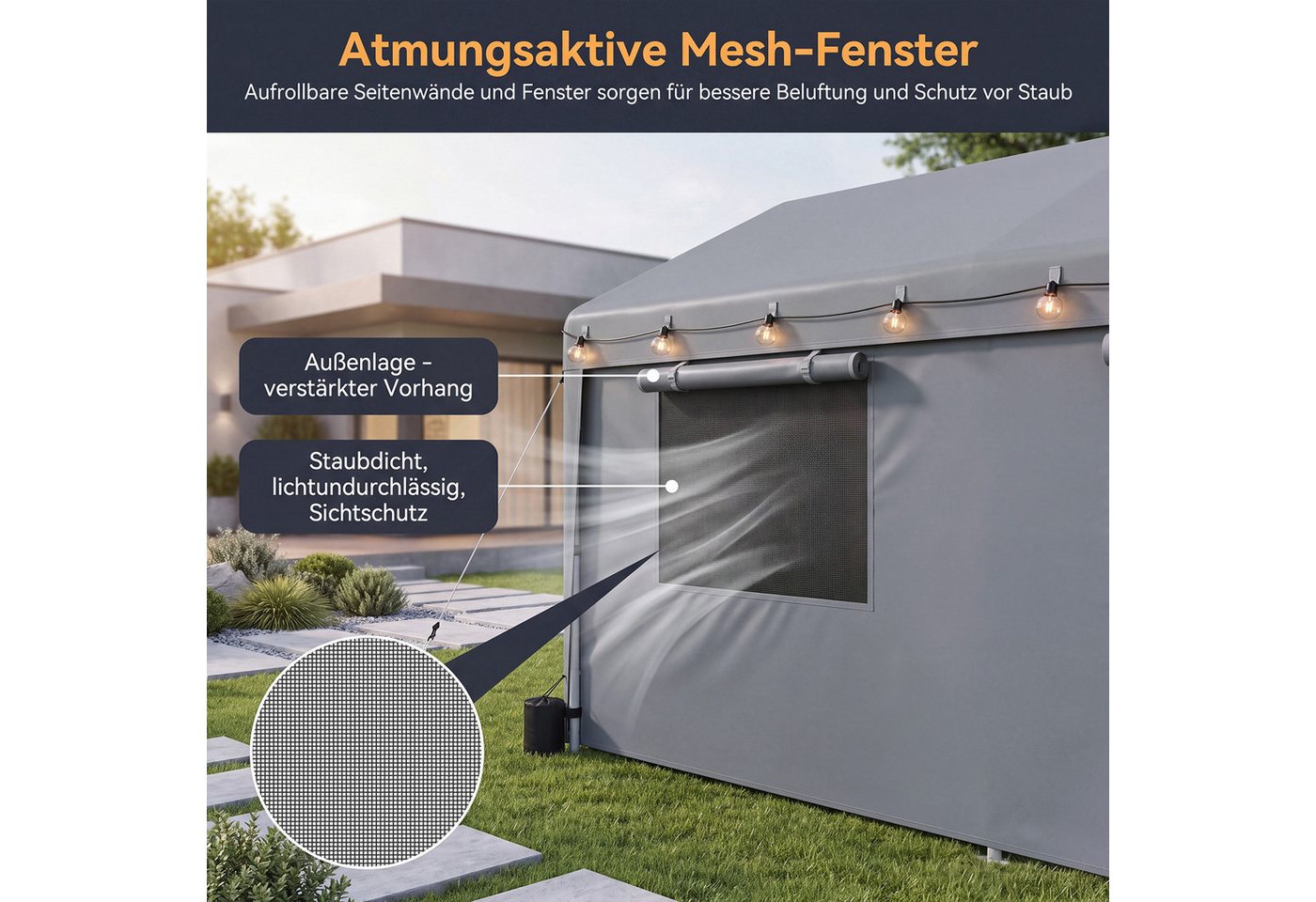 Hausright Einzelcarport 3x6m Carport Zeltgarage UV-beständig wasserdicht mit Seitentüren, 270 cm Einfahrtshöhe, (Carport), Solar-Lichterketten und Bewegungsmelder-Leuchten Bild 3