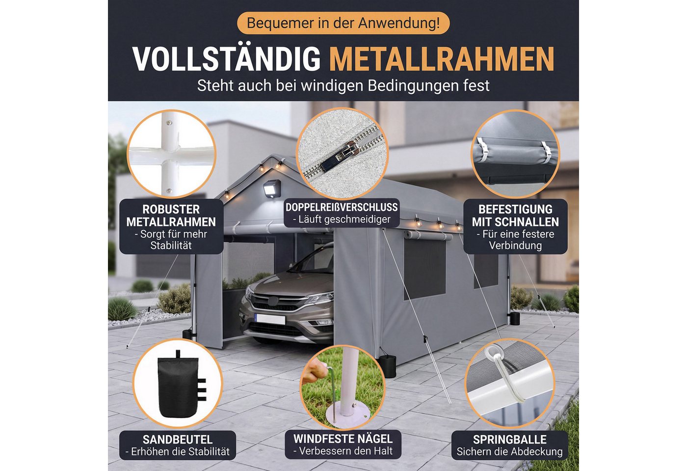 Hausright Einzelcarport 3x6m Carport Zeltgarage UV-beständig wasserdicht mit Seitentüren, 270 cm Einfahrtshöhe, (Carport), Solar-Lichterketten und Bewegungsmelder-Leuchten Bild 5