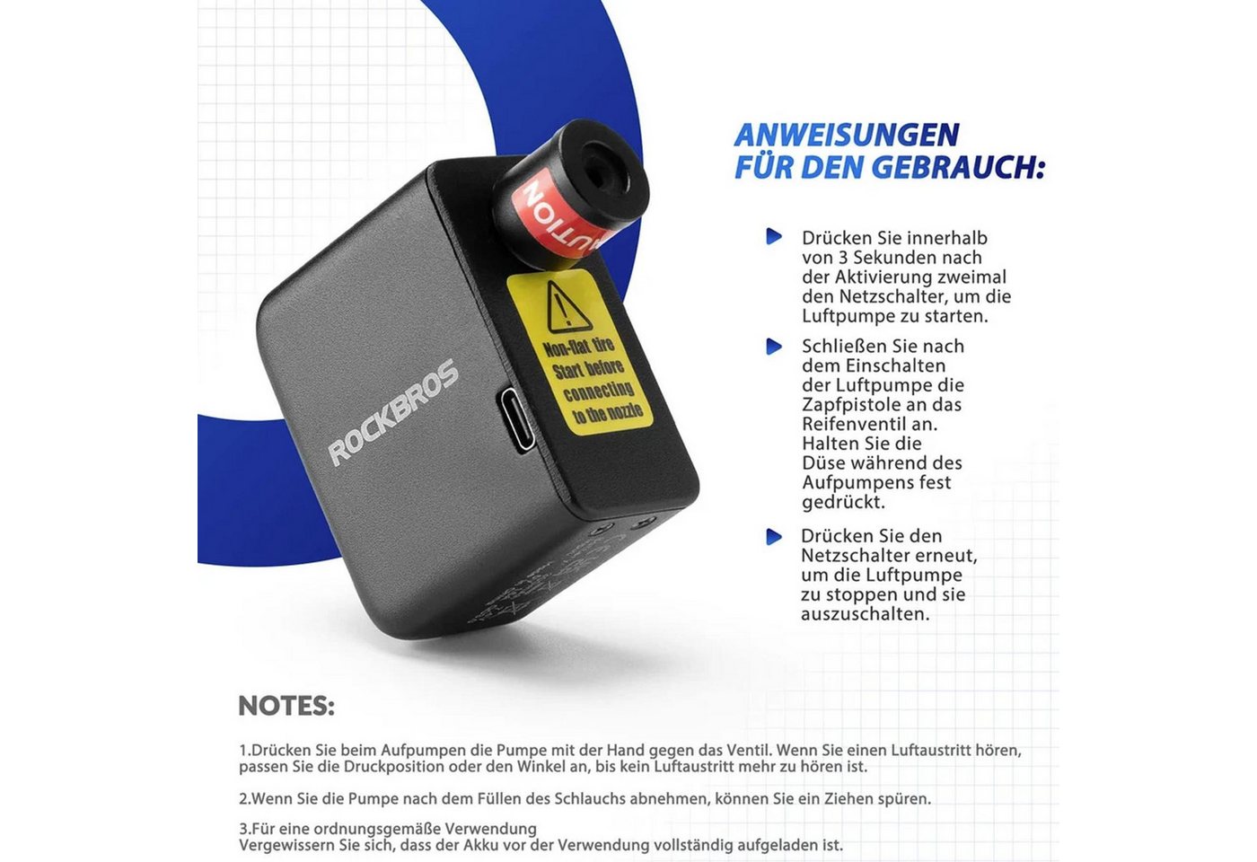 ROCKBROS Luftpumpe elektrisch Fahrrad Akku mini Pumpe 100 PSI USB C, Luft-Pumpe für Presta und Schrader Ventile Bild 3