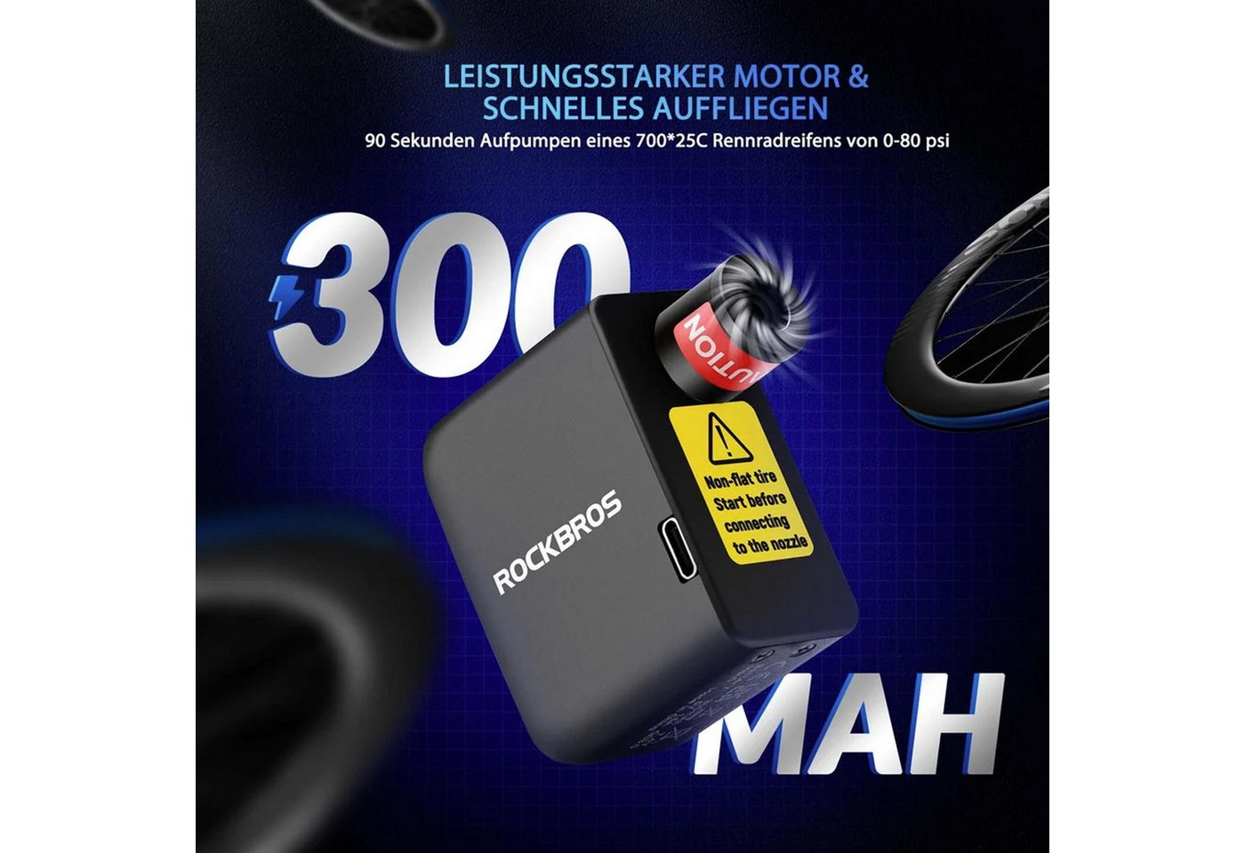 ROCKBROS Luftpumpe elektrisch Fahrrad Akku mini Pumpe 100 PSI USB C, Luft-Pumpe für Presta und Schrader Ventile Bild 5