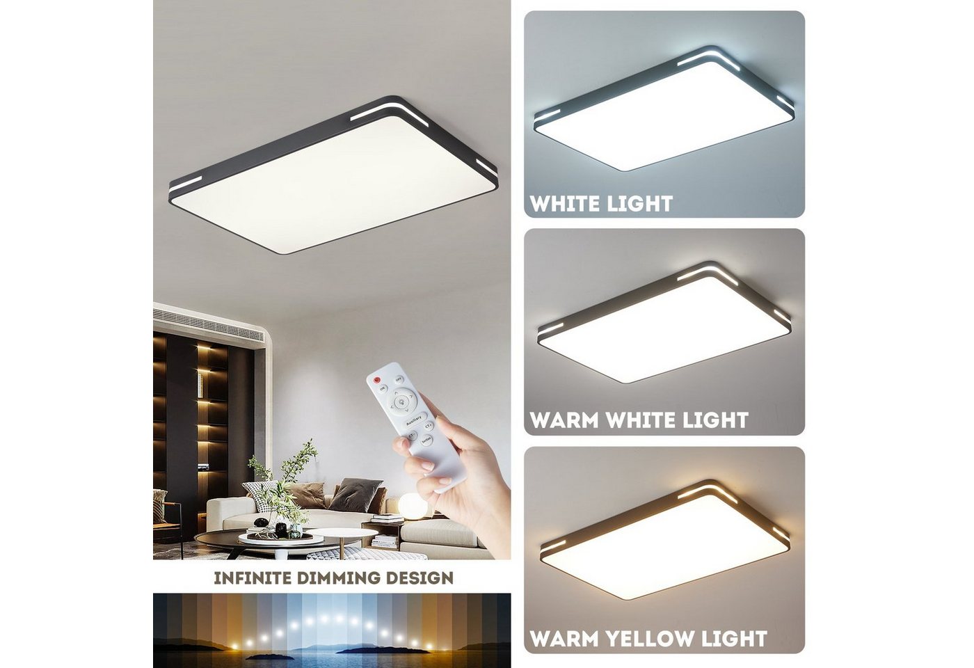 style home LED Deckenleuchte Modern Deckenlampe für Wohnzimmer Schlafzimmer, 192W-Dimmabr 3000-6000K, LED fest integriert, warmweiß bis kaltweiß dimmbar mit Fernbedienung, Recheckige Lampe aus Metall, 90x60x5cm, Schwarz Bild 2