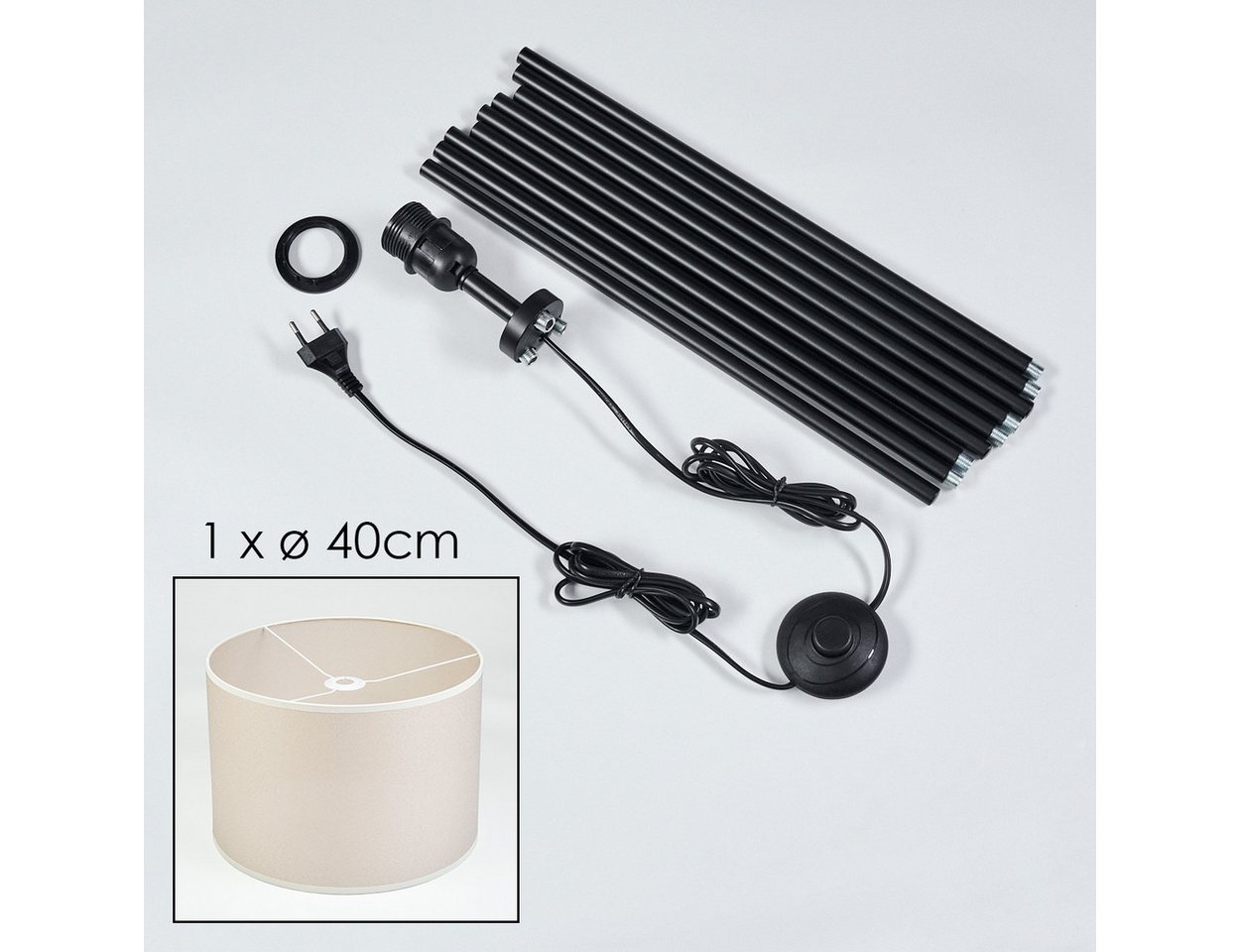 hofstein Stehlampe Stehlampe aus Metall/Stoff in Schwarz/Beige, ohne Leuchtmittel, Boho, runder Schirm (40 cm), Fußschalter, 1x E27, ohne Leuchtmittel