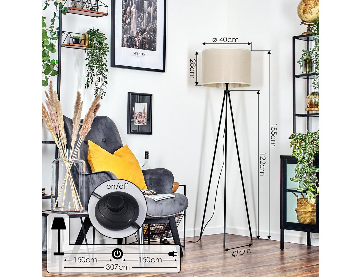 hofstein Stehlampe Stehlampe aus Metall/Stoff in Schwarz/Beige, ohne Leuchtmittel, Boho, runder Schirm (40 cm), Fußschalter, 1x E27, ohne Leuchtmittel Bild 2