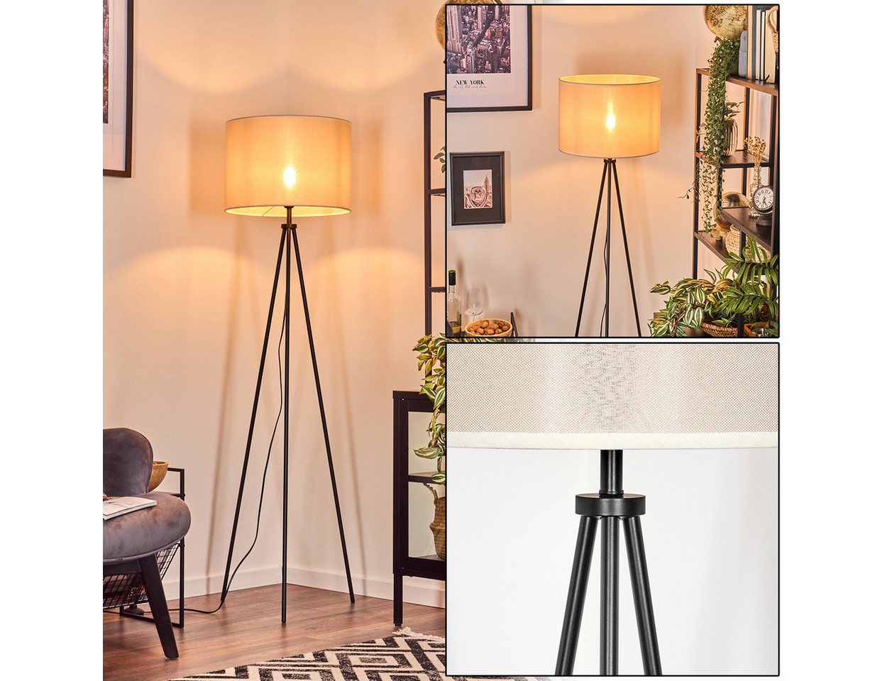 hofstein Stehlampe Stehlampe aus Metall/Stoff in Schwarz/Beige, ohne Leuchtmittel, Boho, runder Schirm (40 cm), Fußschalter, 1x E27, ohne Leuchtmittel Bild 3