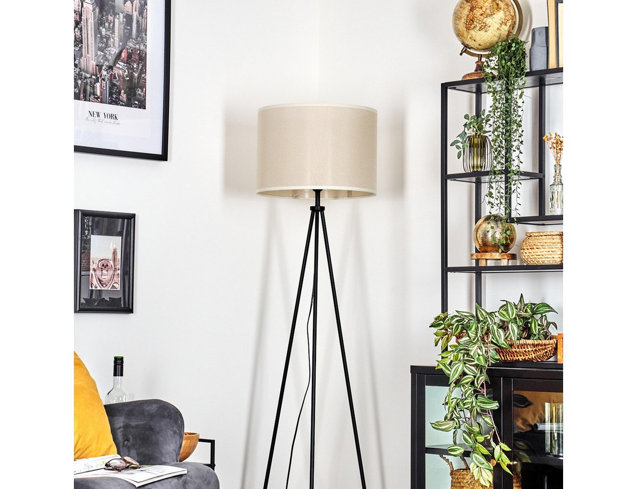 hofstein Stehlampe Stehlampe aus Metall/Stoff in Schwarz/Beige, ohne Leuchtmittel, Boho, runder Schirm (40 cm), Fußschalter, 1x E27, ohne Leuchtmittel Bild 4