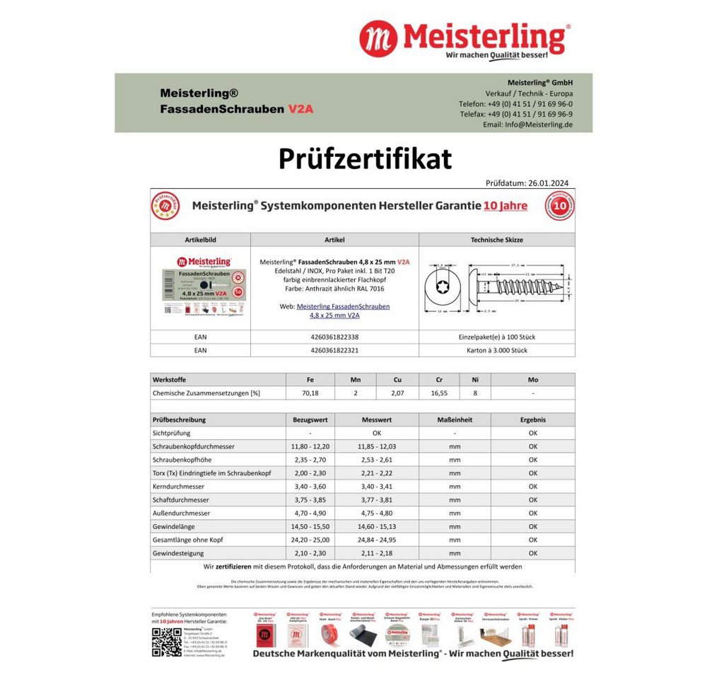 Meisterling® Fassadenschraube INOX, (V2A - 4,8 x 25 mm, Flachkopf Torx T20, 100 Stk), Anthrazit Bild 4
