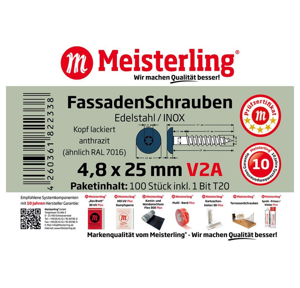 Meisterling® Fassadenschraube INOX, (V2A - 4,8 x 25 mm, Flachkopf Torx T20, 100 Stk), Anthrazit Bild 5