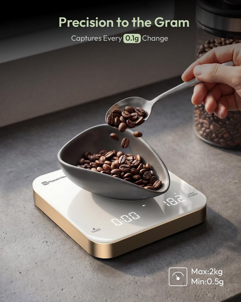 Maestri House Küchenwaage S2 Espressowaage mit Auto-Timer, 0,1 g / 2 kg, (1-tlg., Glasoberfläche für Espresso und Pour Over), Touch-Bedienung, USB-C, Tara, Stummschaltung Bild 2