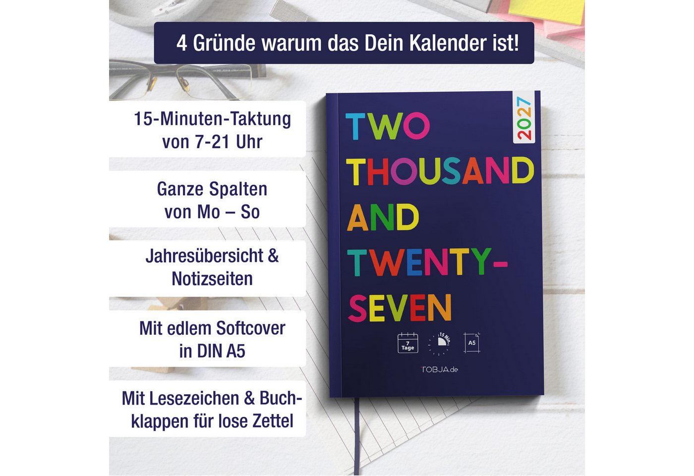 TOBJA Buchkalender Praxisplaner 2027 A5 Blue Pop Terminplaner 15 Min Takt FSC Friseur, 15-Min-Takt 7-21 Uhr, A5, 1 Woche 2 Seiten, FSC-Papier, Pop-Design Bild 2