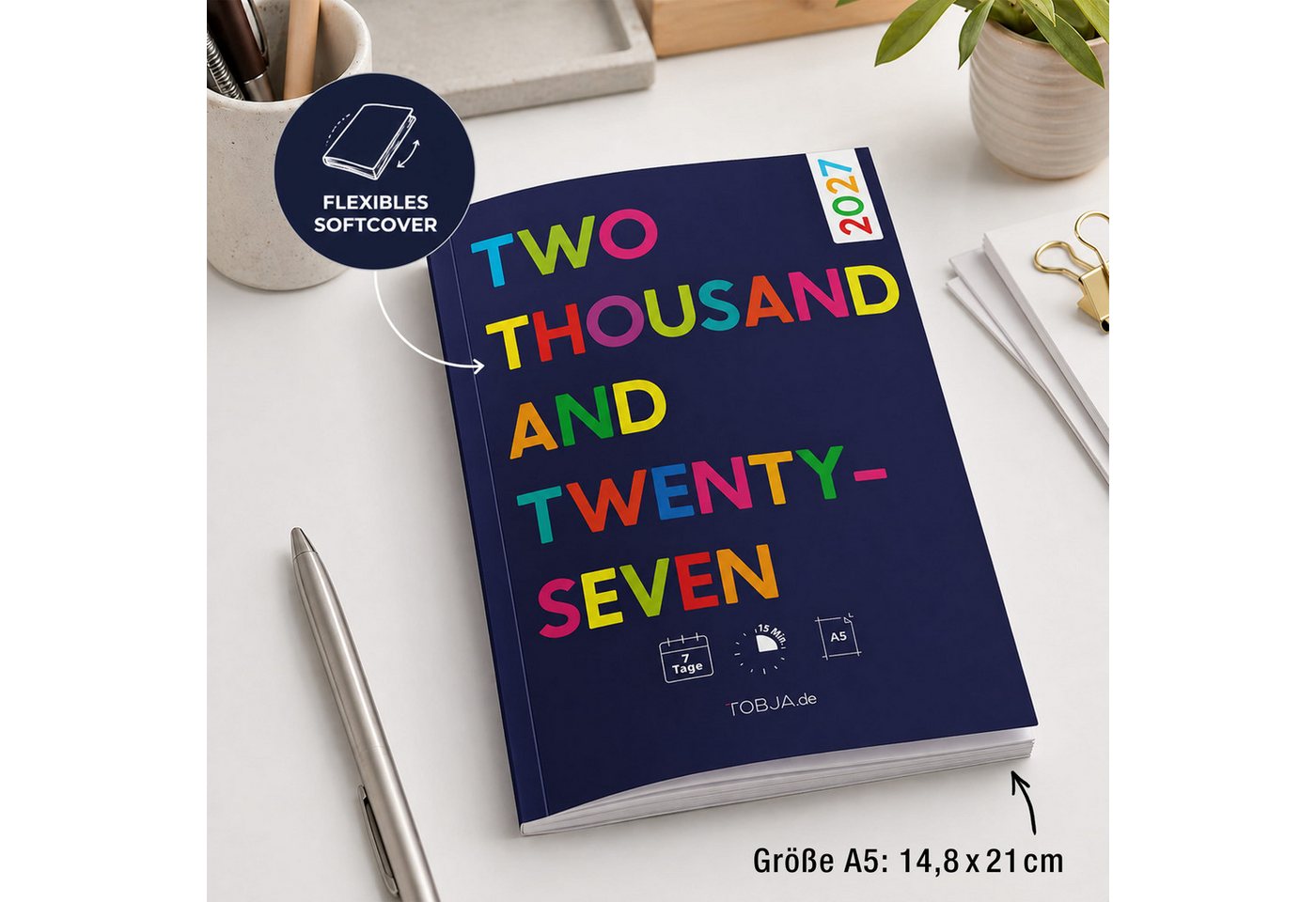 TOBJA Buchkalender Praxisplaner 2027 A5 Blue Pop Terminplaner 15 Min Takt FSC Friseur, 15-Min-Takt 7-21 Uhr, A5, 1 Woche 2 Seiten, FSC-Papier, Pop-Design Bild 3