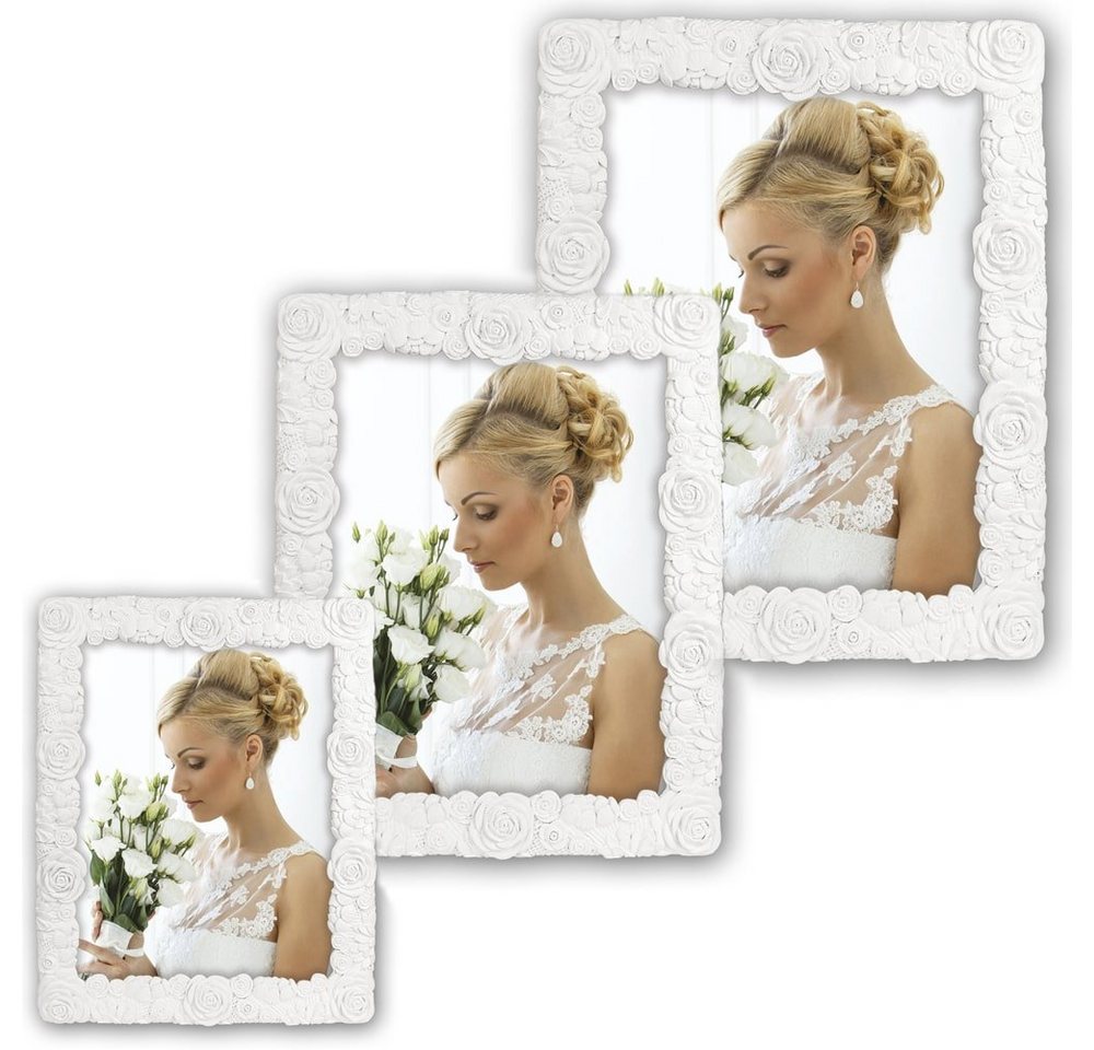 matches21 HOME & HOBBY Bilderrahmen Hochzeit Kunststoff Bilderrahmen rechteckig weiss für 13x18 cm, Wand-Deko Fotorahmen im Hochformat zum Stellen