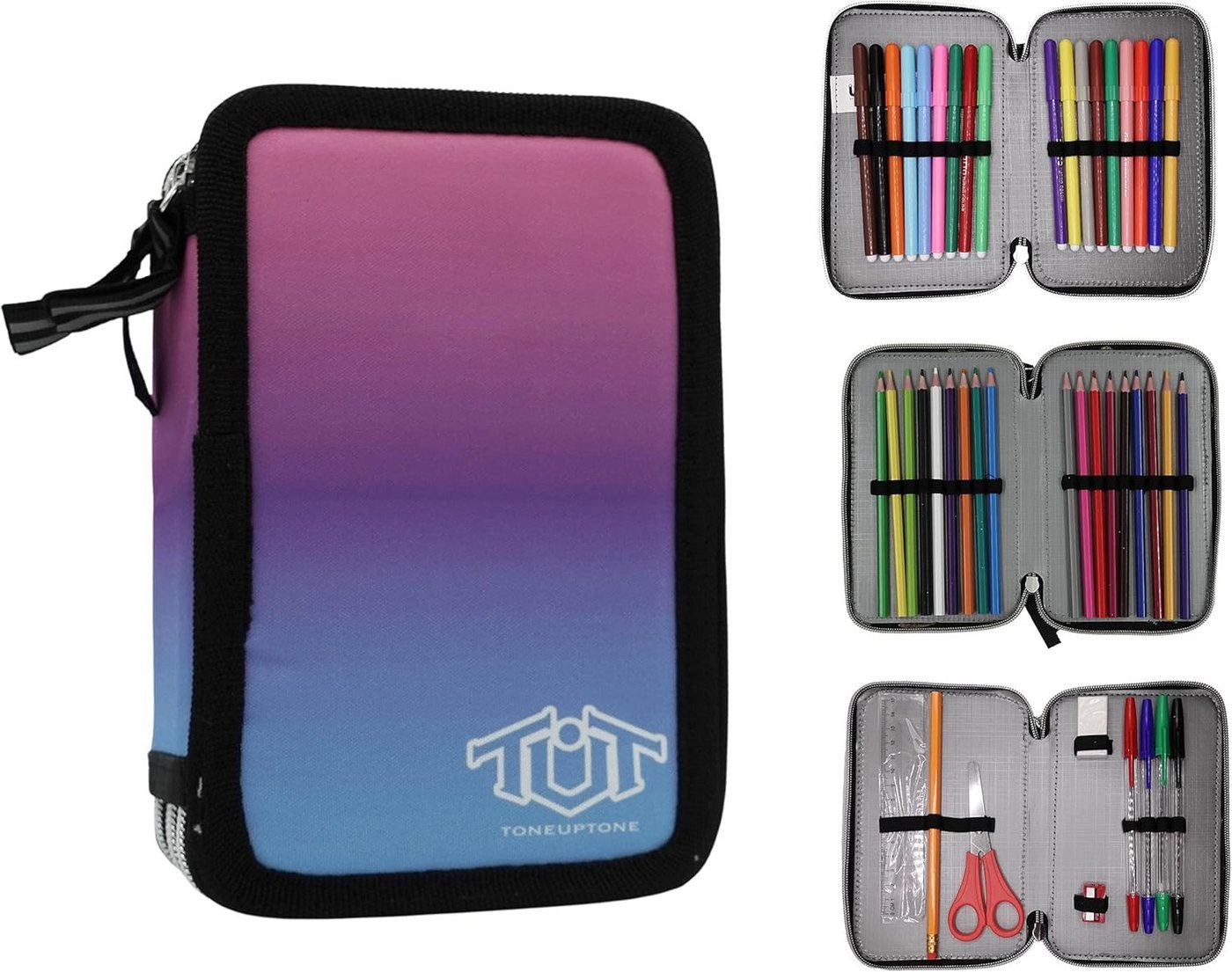 GOLDKIDS Federmäppchen Federtasche Federmappe Federmäppchen XXL Schüleretui, (Federtasche Federpenal Schulmäppchen, 1-tlg., ToneUpTone Ombre 3 Fächer 45-teilig), gefüllt inkl Hausaufgabenheft Bild 4