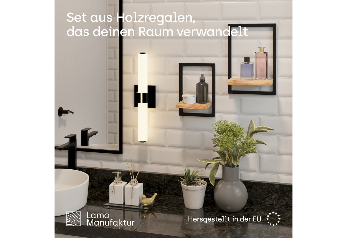 LAMO Manufaktur Wandregal Holz Set 2 St. 15/20 cm Farbe: Rustikal, Rahmen: Schwarz, Schweberegal Massiv 100% Echtholz, Tassenregal für Küche, Bildregal, Parfüm Regal für Badezimmer Bild 5