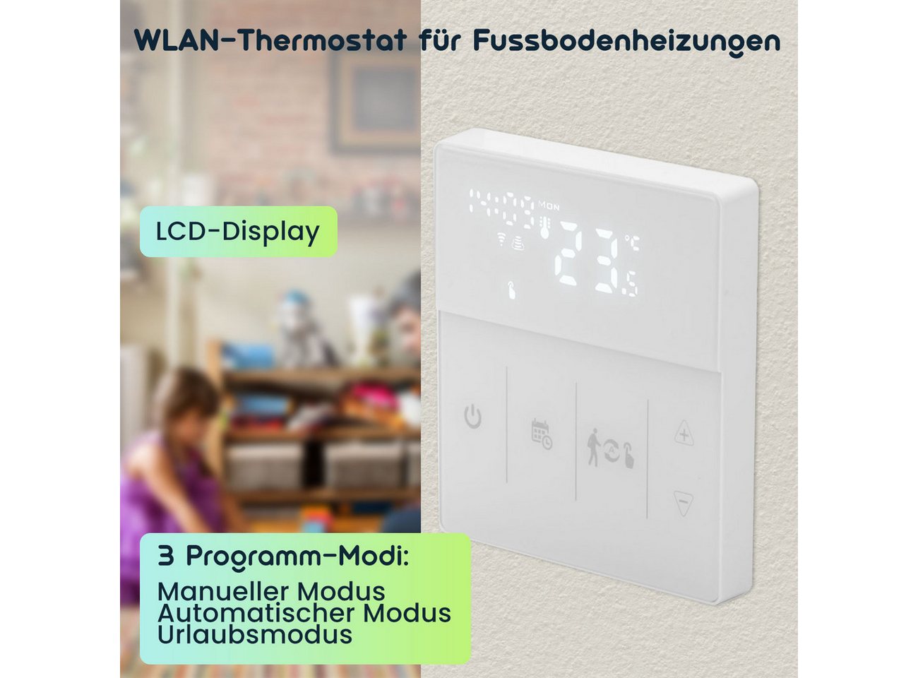 Casativo Raumthermostat WLAN Thermostat Touchscreen-Display für Fußbodenheizung programmierbar, Netzbetrieb, (1-St., 1er-Set & 2er-Set & 4er-Set), App & Sprachsteuerung/3 Programm-Modi/Frostschutz-Automatik