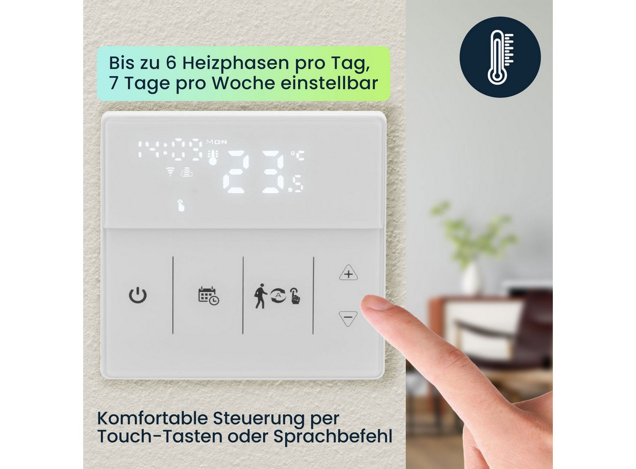 Casativo Raumthermostat WLAN Thermostat Touchscreen-Display für Fußbodenheizung programmierbar, Netzbetrieb, (1-St., 1er-Set & 2er-Set & 4er-Set), App & Sprachsteuerung/3 Programm-Modi/Frostschutz-Automatik Bild 5