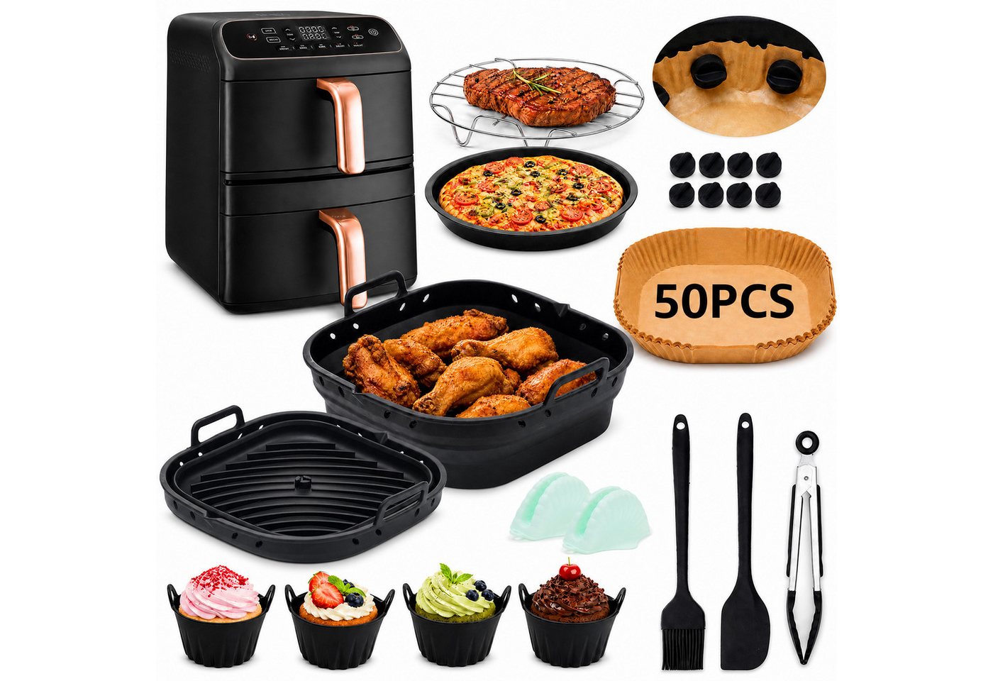 Insma Backform Airfryer Zubehör,Heißluftfritteuse Zubehör Set,Silikonformen,BPA-frei, (21-tlg), Silikonkorb faltbar, Backpapier, Grillrost, Pizzablech & Küchenzubehör Bild 5