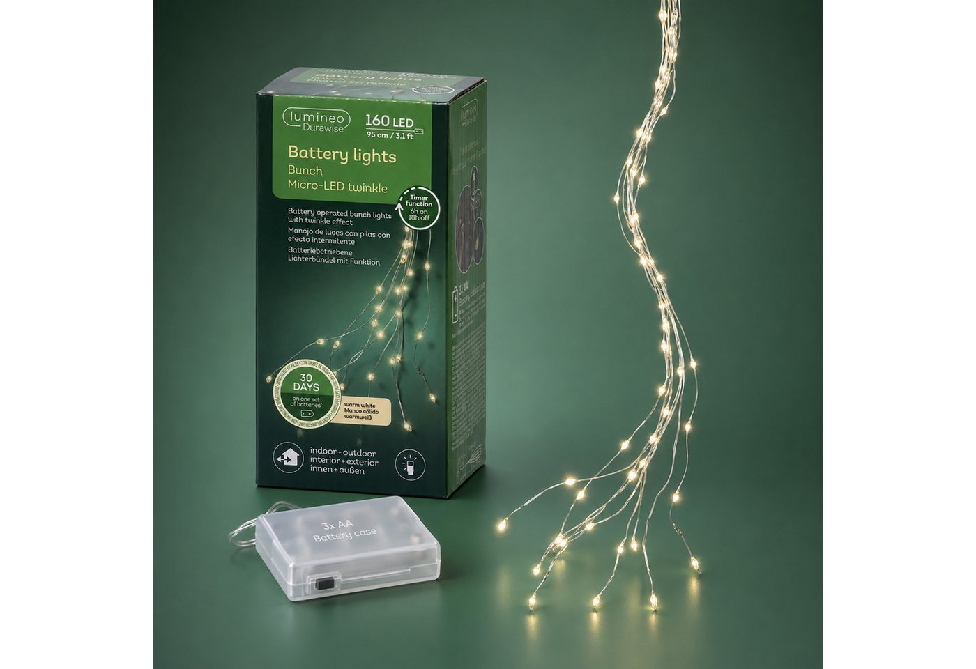 Lumineo LED-Lichterkette, LED Lichtbündel 95cm mit 160 LEDs Twinkle Effekt Outdoor Timer Silber Bild 3