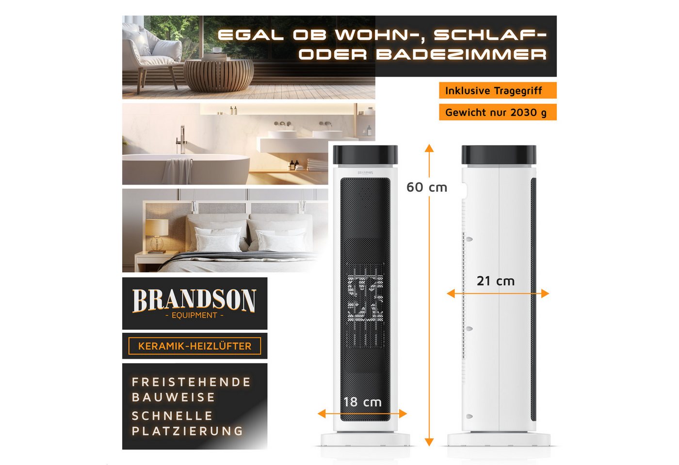 Brandson Heizlüfter Keramik-Heizlüfter 2000 W energiesparend, 12h-Timer, Fernbedienung, 2000 W, Badezimmer, Thermostat, ECO-Modus, Oszillation, Kippschutz