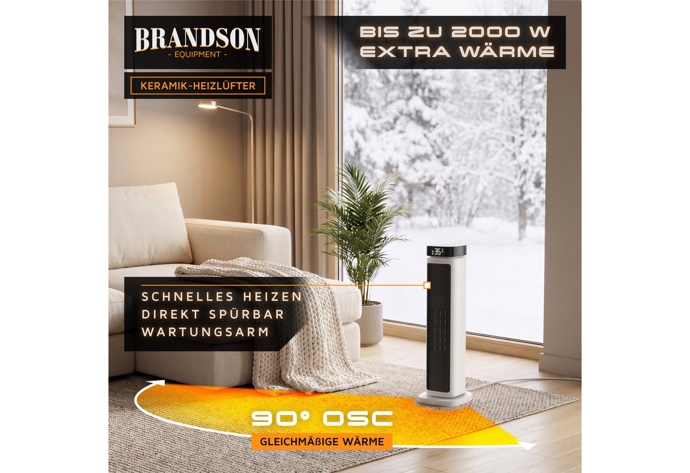 Brandson Heizlüfter Keramik-Heizlüfter 2000 W energiesparend, 12h-Timer, Fernbedienung, 2000 W, Badezimmer, Thermostat, ECO-Modus, Oszillation, Kippschutz Bild 2