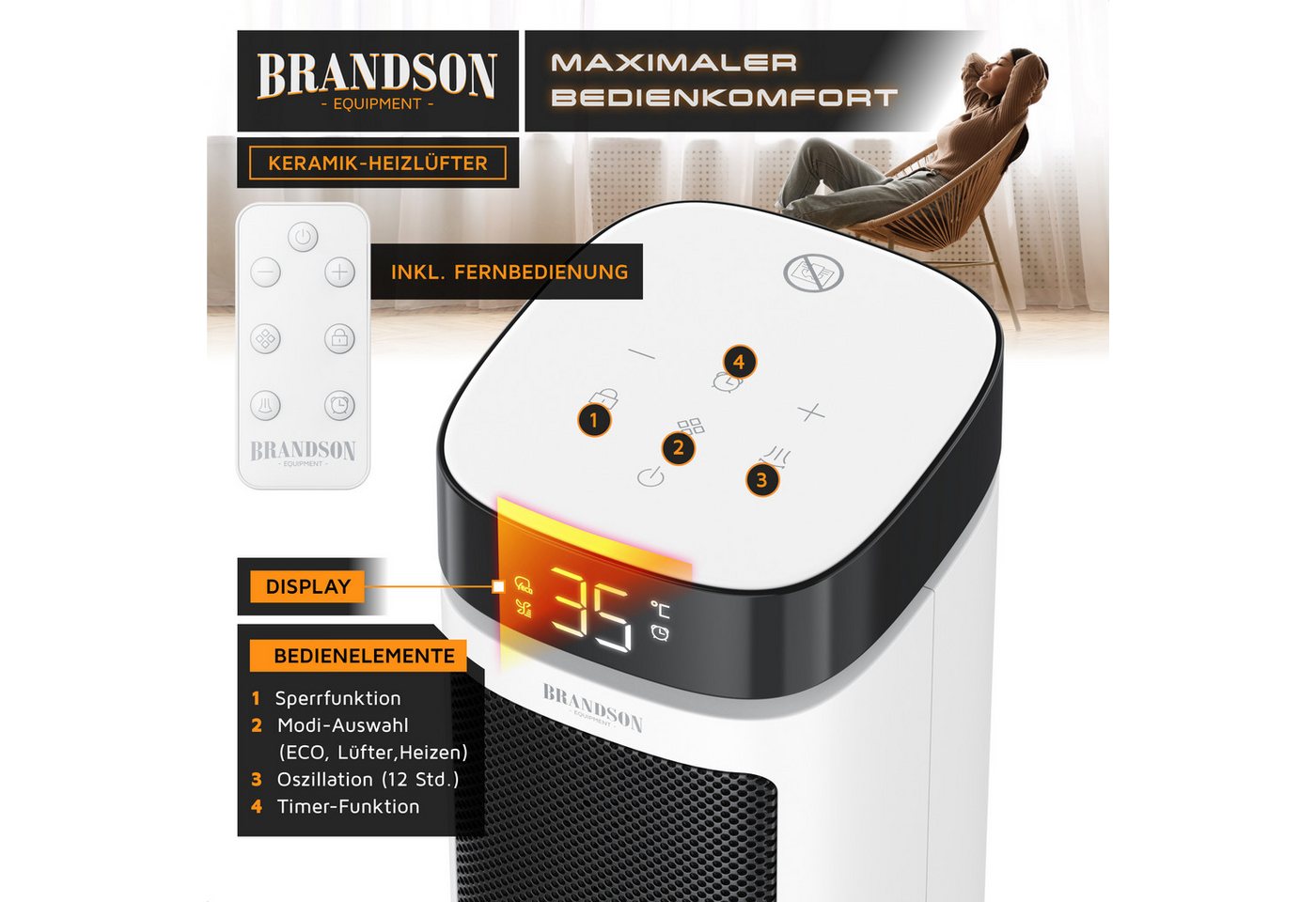 Brandson Heizlüfter Keramik-Heizlüfter 2000 W energiesparend, 12h-Timer, Fernbedienung, 2000 W, Badezimmer, Thermostat, ECO-Modus, Oszillation, Kippschutz Bild 3