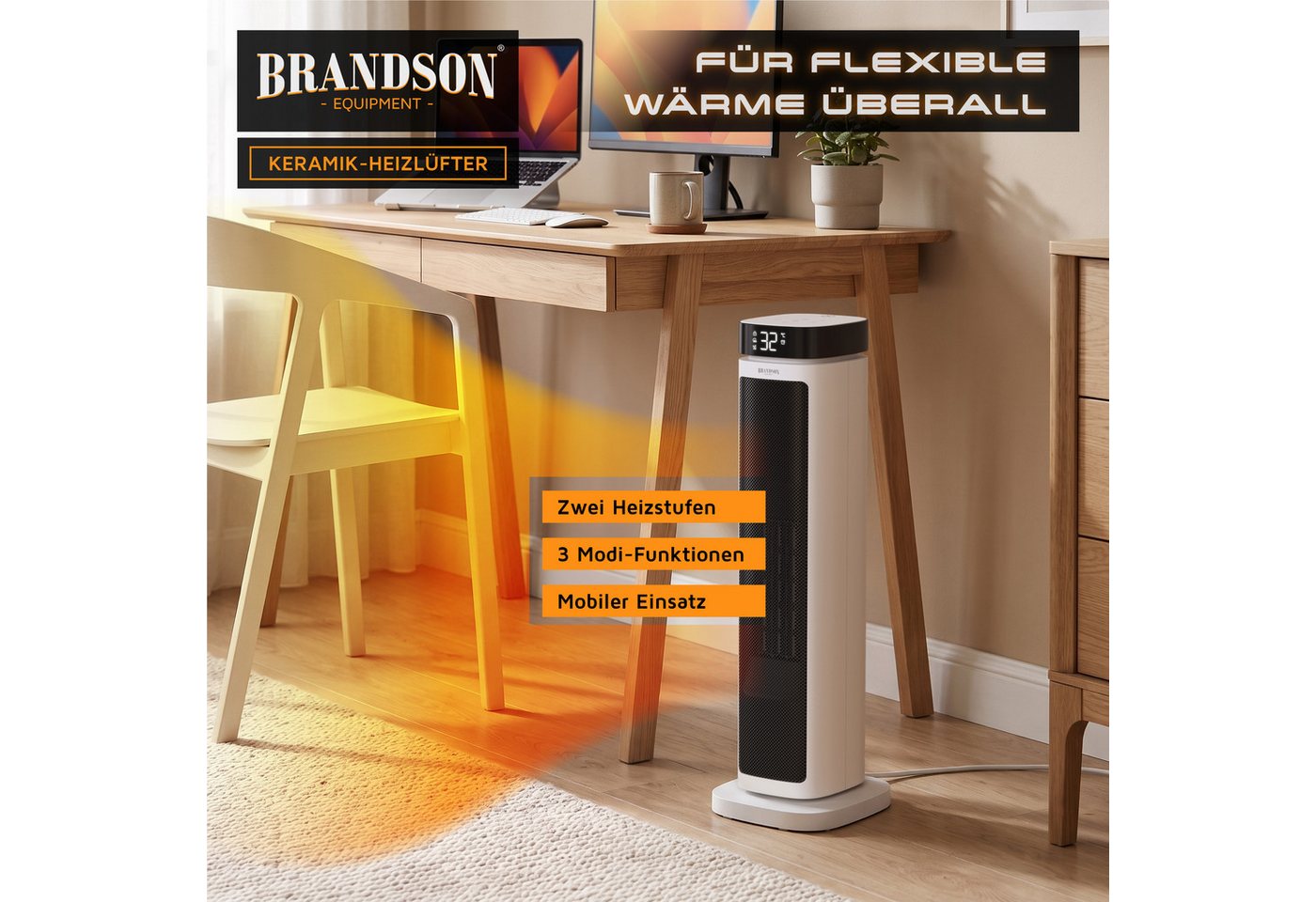 Brandson Heizlüfter Keramik-Heizlüfter 2000 W energiesparend, 12h-Timer, Fernbedienung, 2000 W, Badezimmer, Thermostat, ECO-Modus, Oszillation, Kippschutz Bild 5