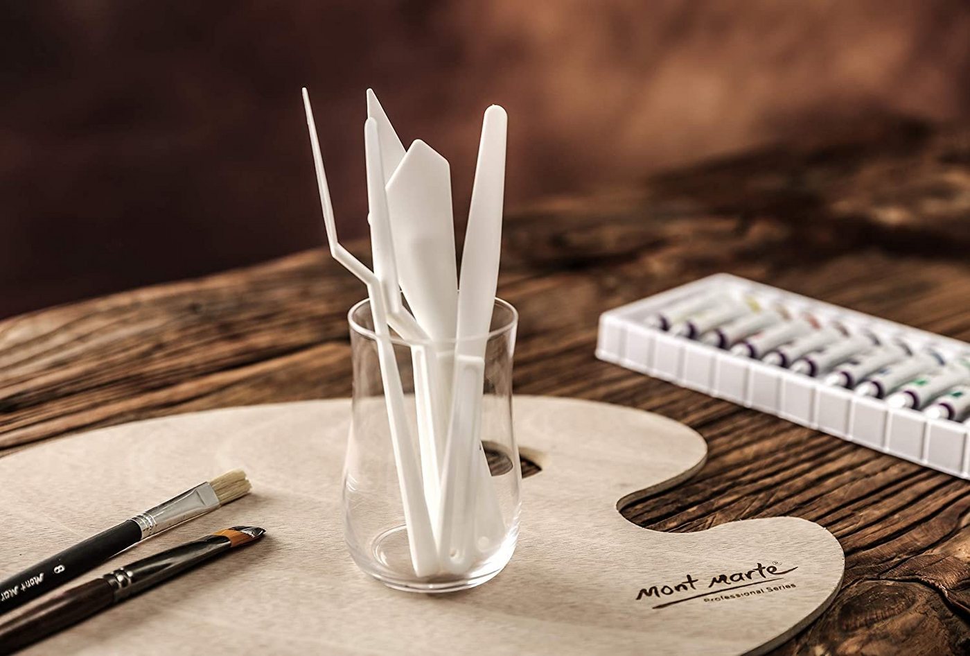 Mont Marte Malerspachtel Set – 5 Malmesser aus stabilem Kunststoff (Set, 5-St) Verschiedene Formen für Struktur, Acryl-, Öl- & Gouachemalerei Bild 2